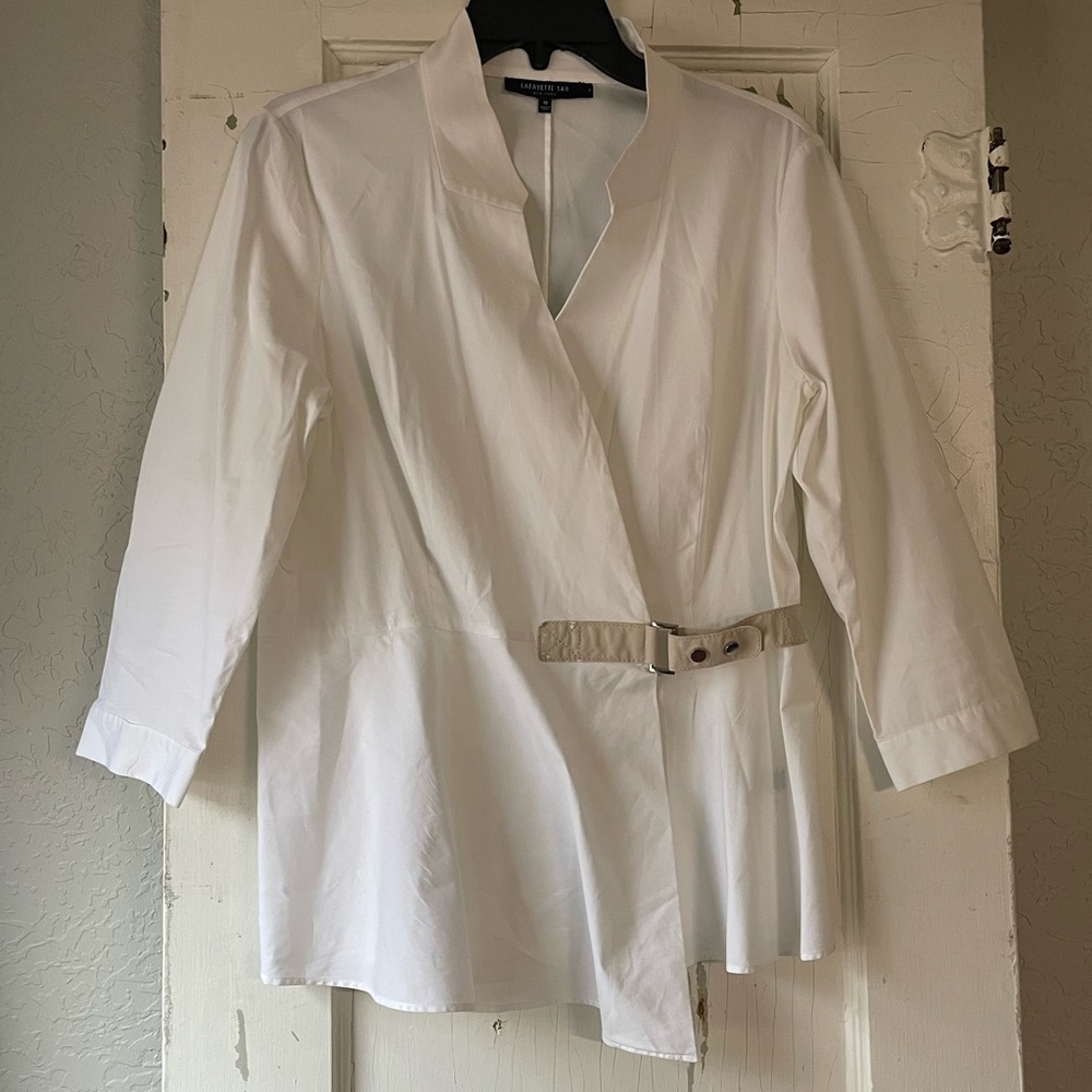 Lafayette 148 New York White Wrap-Style Blouse with Buckle Detail